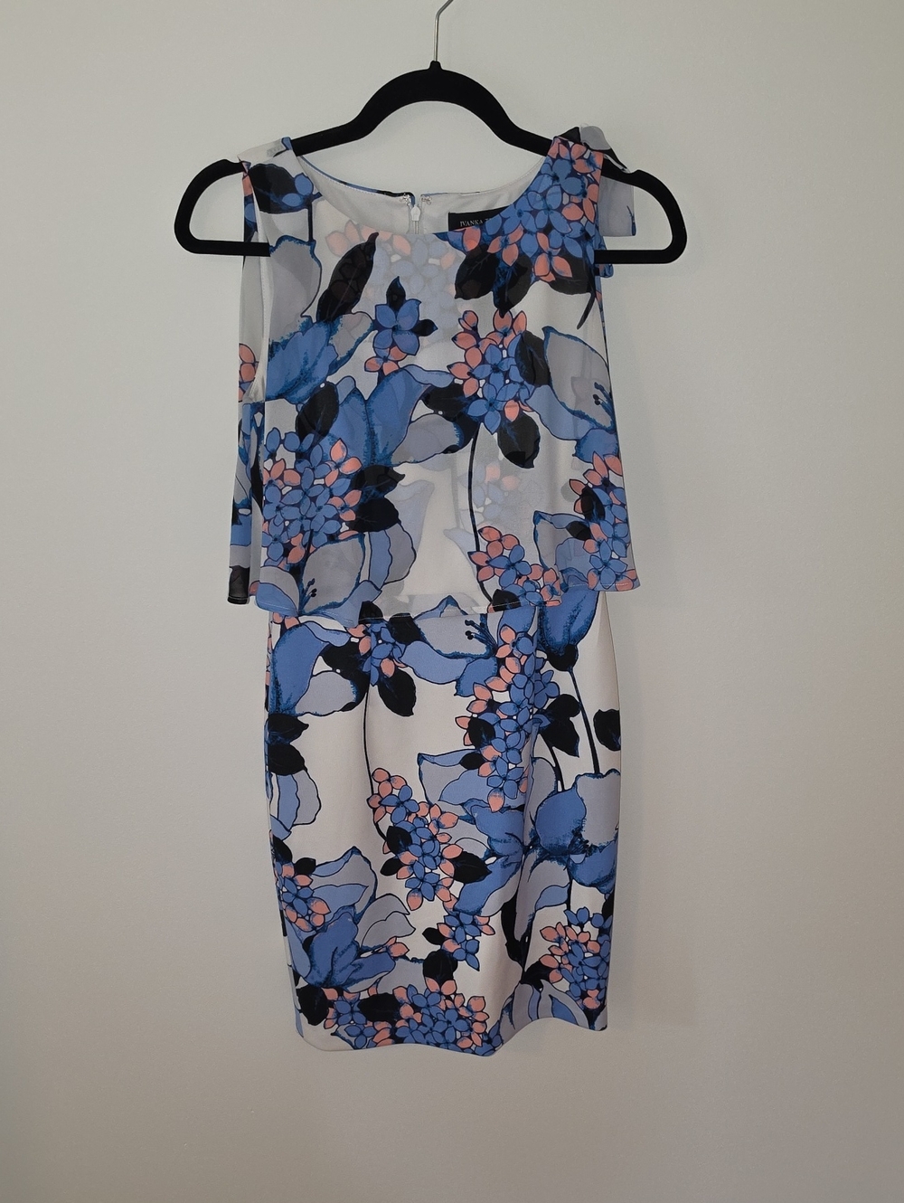 Blue & Pink Floral Midi Dress W. Flowy Overlay